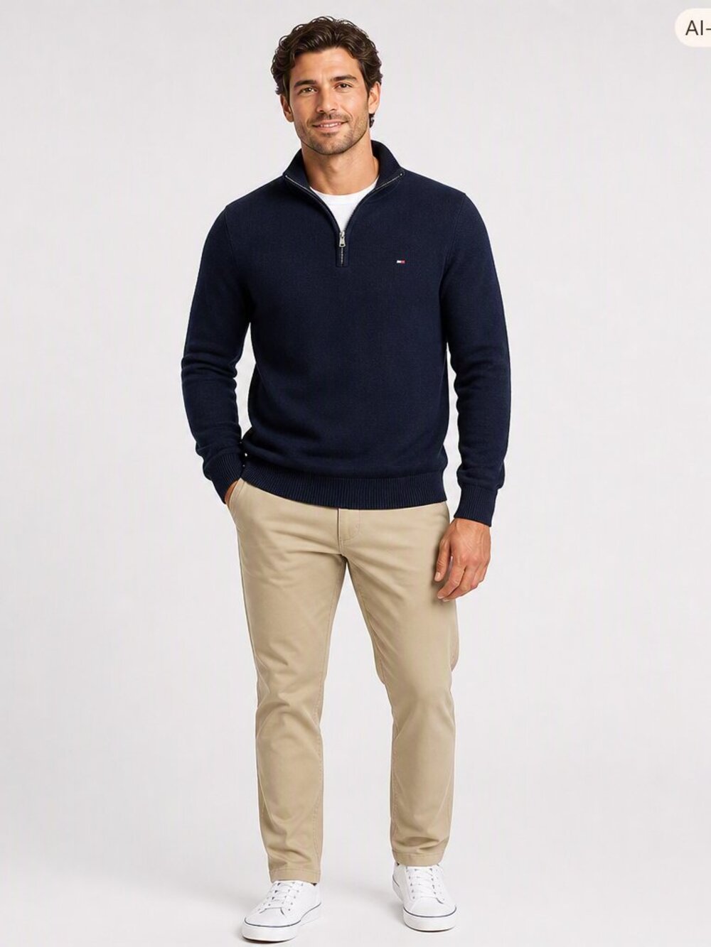 Tommy Hilfiger Navy Waffle Knit 1/4 Zip Pullover Sweater L Preppy Flag Logo